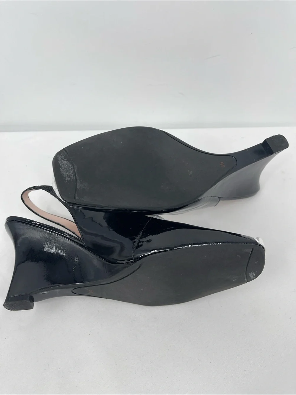 Talbots Black Patent Peep-Toe SIZE 8B LEATHER Slingback wedge Heels NWOT